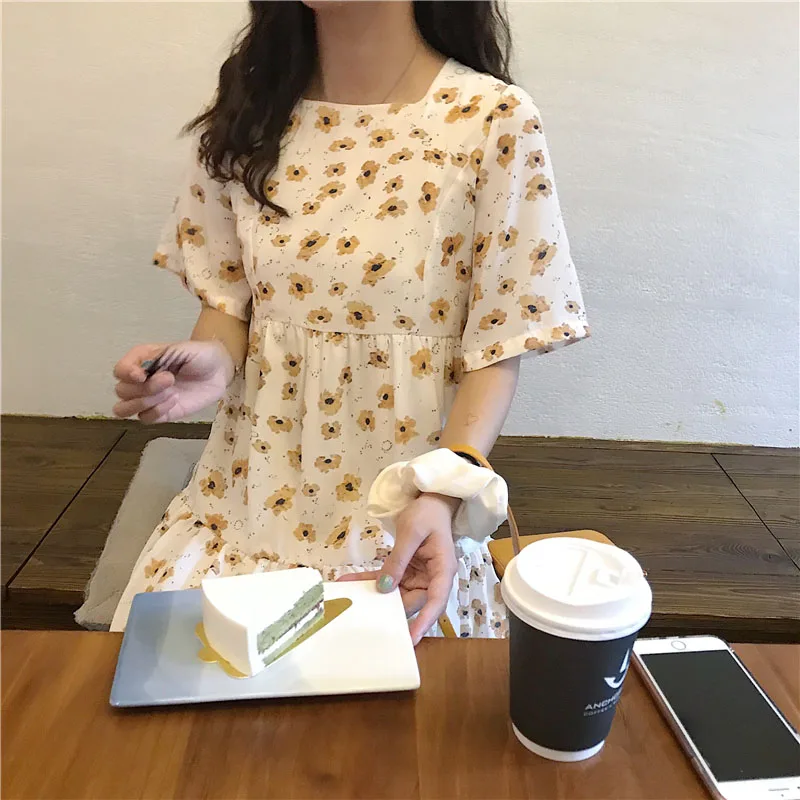 2020 New Summer Women Dress Korean Floral Short Sleeve Square Collar Dresses Bow Bandage Slim Waist Dress Vestidos