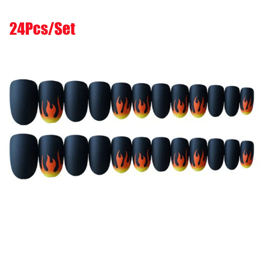 24pcs 24 шт./компл. панк огонь шаблон матовые накладные ногти темно-черный предварительно дизайн короткие круглые накладные ногти Советы Fnished дизайн ногтей Декор - Цвет: 24pcs