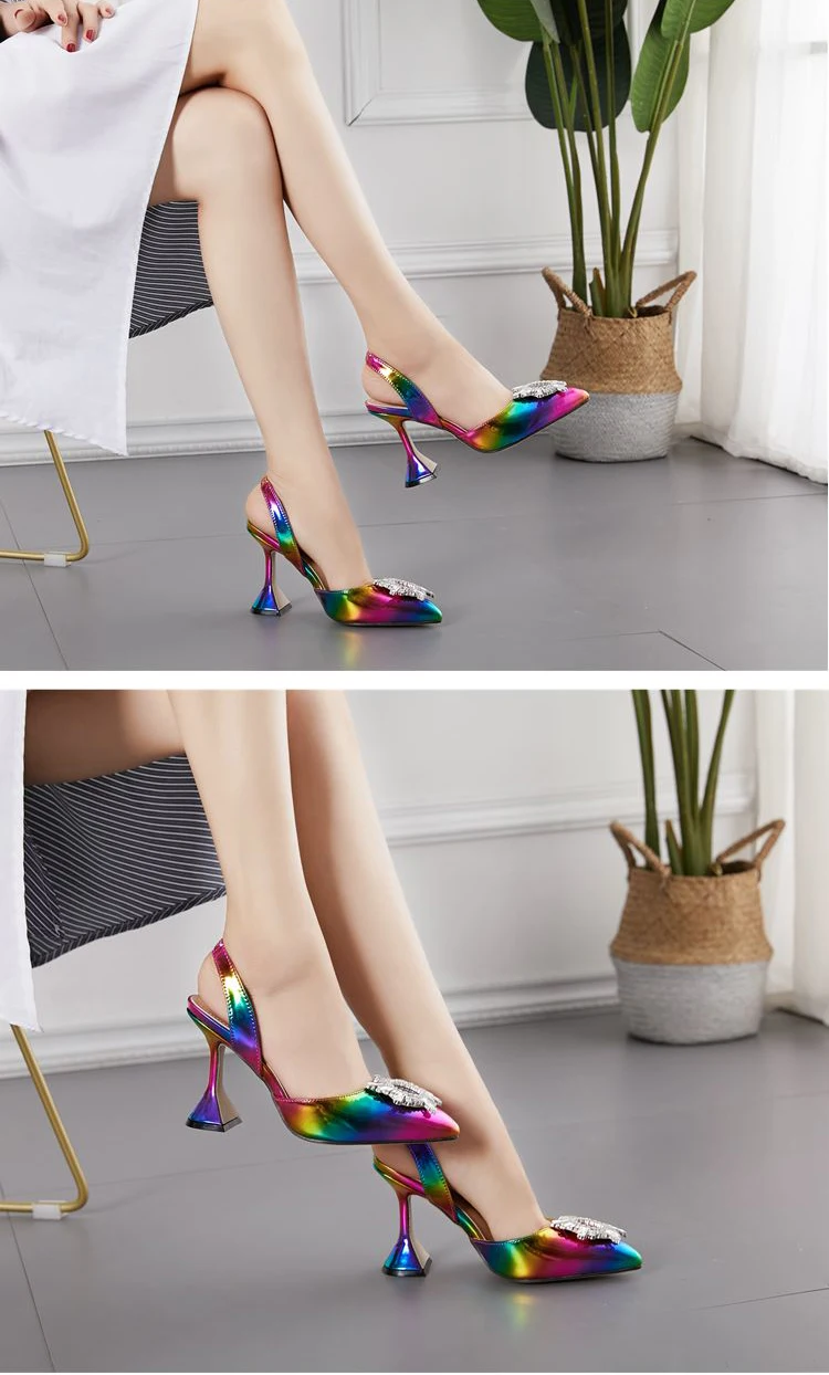 EilyKen/ дизайн; женские туфли-лодочки с острым носком, украшенные кристаллами и стразами; модные босоножки на высоком каблуке с необычной чашкой радуги