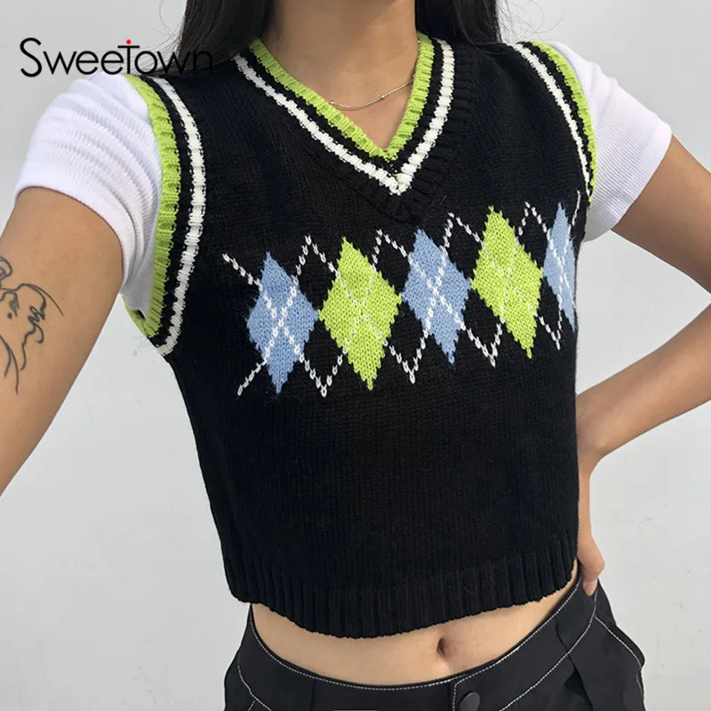 

Sweetown Argyle Plaid Knitted Tank Top Female Streetwear Preppy Style Y2K Clothes Stripe VNeck Cropped Knitwear 90s Sweater Vest