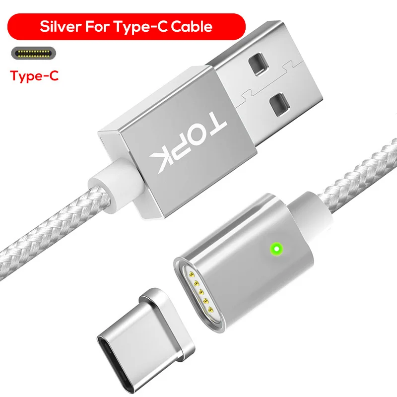 TOPK F-Line Магнитный кабель usb type C 5 в 2.4A нейлоновый Плетеный Светодиодный индикатор USB C магнитное зарядное устройство, кабель для телефонов usb type-C - Цвет: Sliver Cable