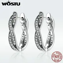 WOSTU,, настоящее 925 пробы, серебряные серьги-кольца Twist Of Fate с прозрачными фианитами для женщин, женские подлинные оригинальные ювелирные изделия, подарок