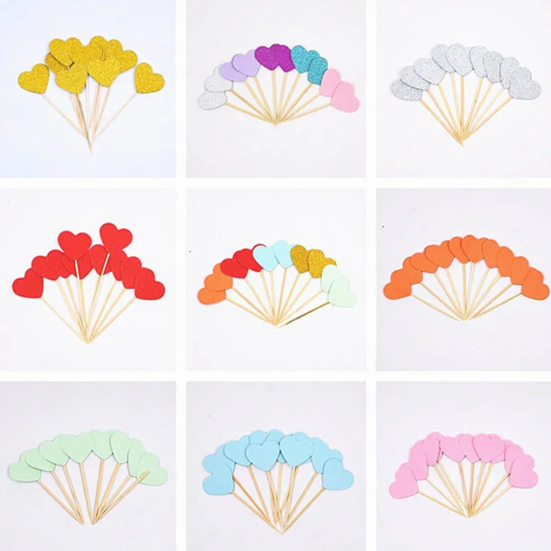 

10pcs/multicolor bling heart shape insert card with toothpick for wedding birthday party cute lovely gift cake decoration
