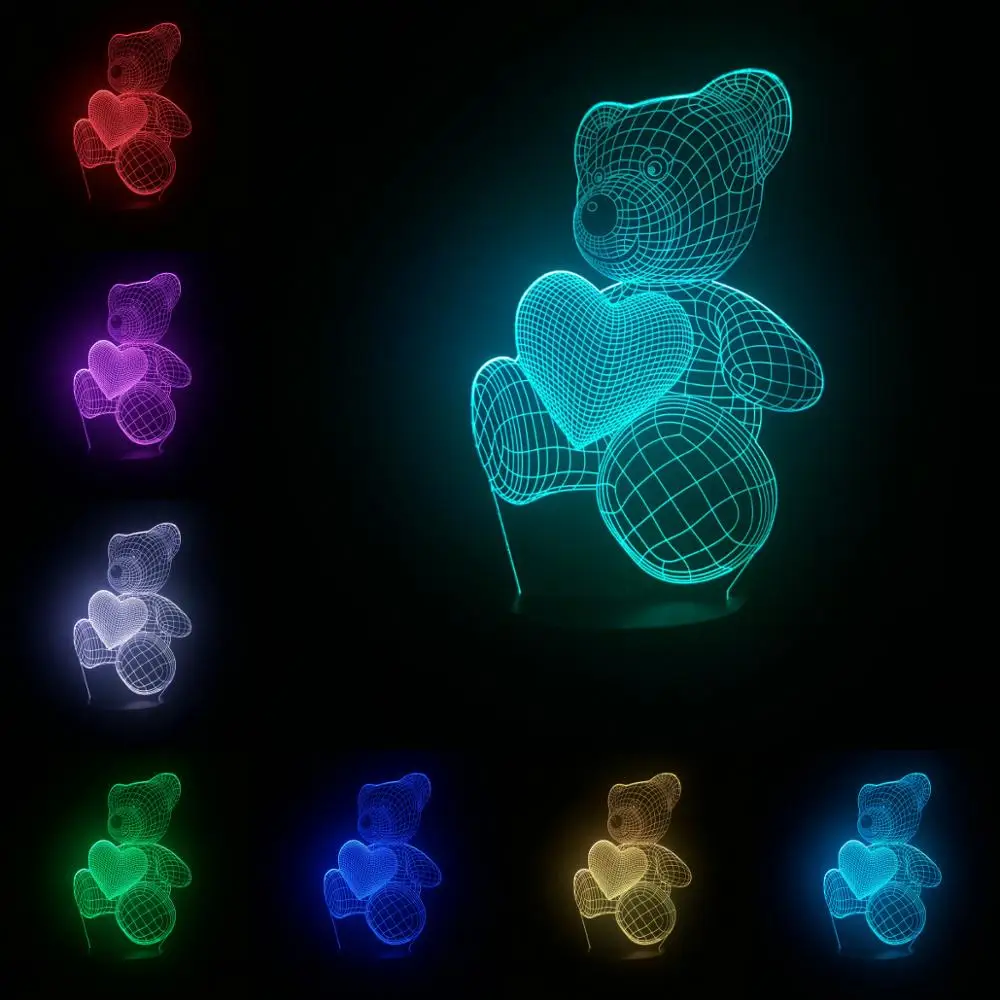 3D лампа с мультипликационным изображением любящего сердца медведя светодиодная
