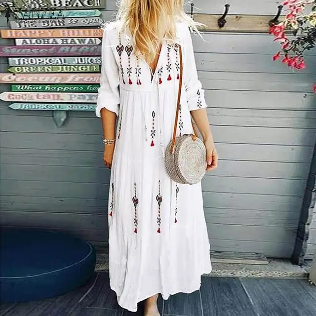 US $15.00 ZANZEA 2020 Women's Printed Sundress Bohemian V Neck Tunic Vestidos Plus Size Maxi Dress Female Fas