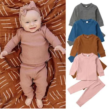 

0-24 Months Newborn Infant Clothes 2019 Autumn Baby Boys Warm Knitted Tops Long Pants Set Pink Gray Black Tracksuits For Girls