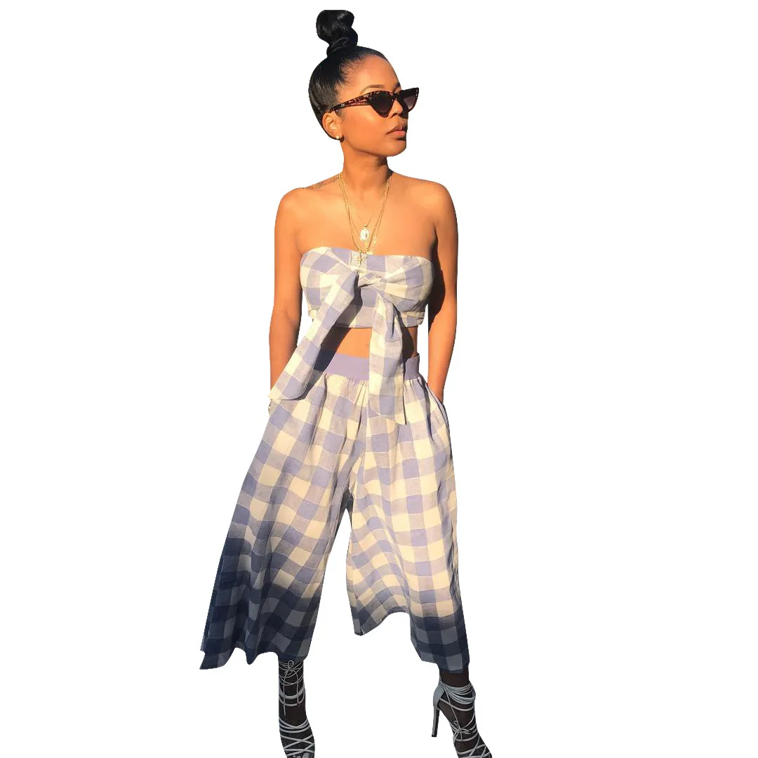 

Nice Summer Women Sets Sexy Two Piece Outfits Print Plaid Strapless Crop Top And Loose Wide Leg Pants Suits Casual Matching Set