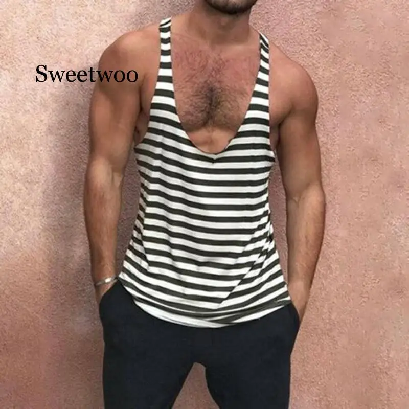 

2020 Новый стиль Мужская Повседневная полосатая рубашка без рукавов Мышцы Фитнес тренажерный зал Спорт на открытом воздухе жилет топы