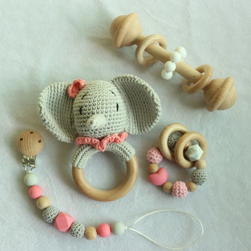 DIY Crochet Elephant Baby Teether BPA Free Silicone Beads Teething Bracelet Baby Pacifier Clip Rodents Wooden Baby Rattle Toys