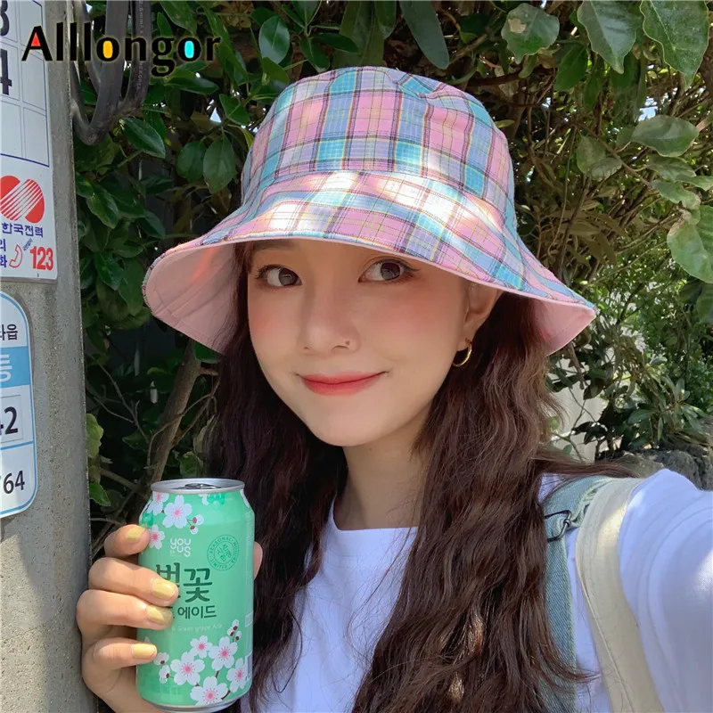 Panama Women‘s Bucket Hat 2023 Casual Reversible Plaid Print Summer Cap