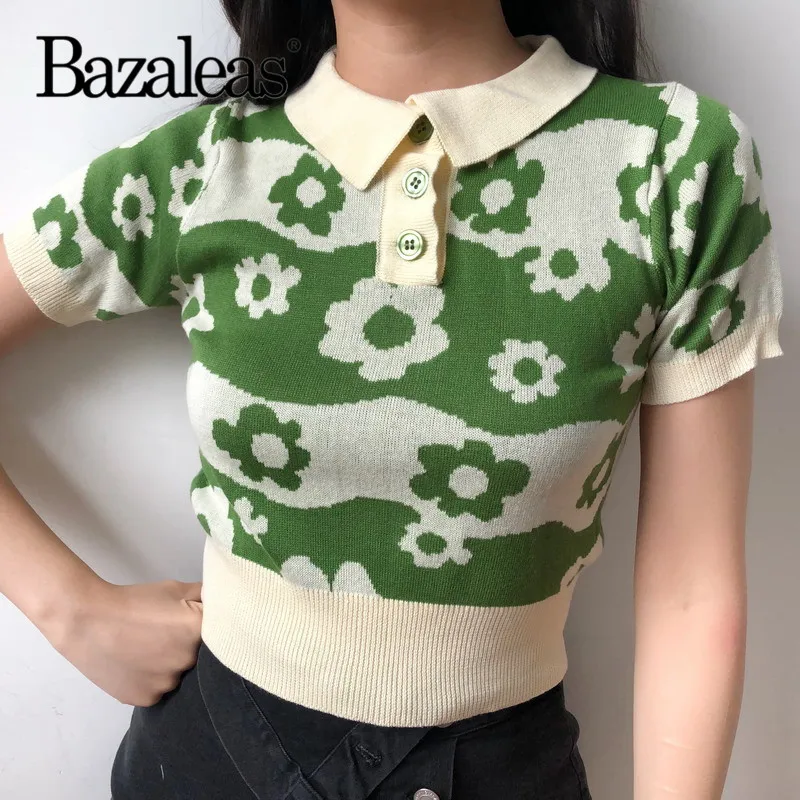 Bazaleas отложной воротник Мода harajuku тройник зеленый цветочный пэчворк женская