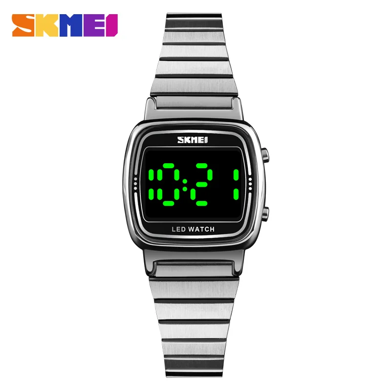 SKMEI Ultra Thin Luxury Women's Silver Stainless Steel Watches Women Fashion LED Digital Dress Business Wrist watch Reloj Mujer