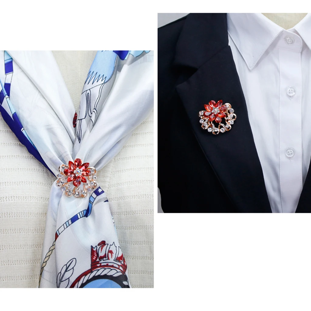 Womens Crystal Scarf Ring Clip Buckle Flower Silk Shawl Holder Brooch Badge With Safety Pin