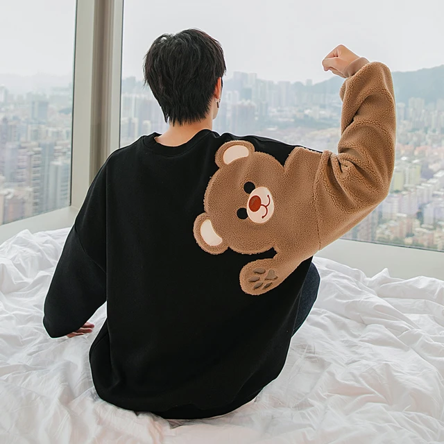 Teddy Bear Sweatshirt Man Spring Autumn Plush Thick Black