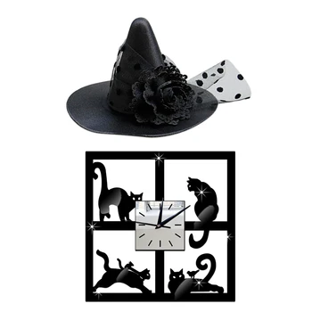 

1pcs Black Mesh Witch Magic Hat with Metal Hairpin Hair Clip & 1pcs 3D Unique Cat Mirror Black Wall Clock