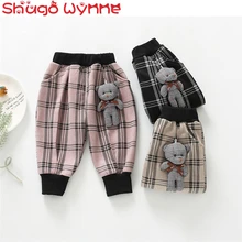 Осенне-зимние штаны-шаровары в клетку с плюшевым медведем для маленьких девочек детские брюки с поясом