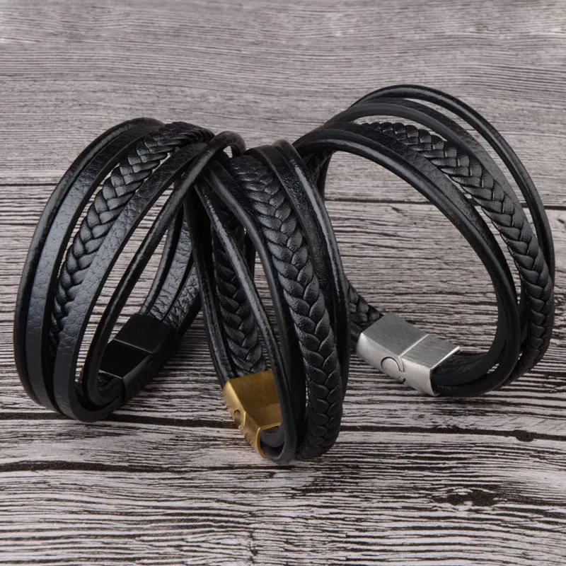 Braided Genuine Leather Men Bangle Stainless Steel Magnetic Buckle wristband Bracelet for Men Male Jewelry