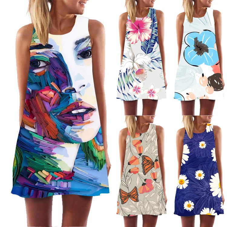 

Ehuanhood Sleeveless Boho Beach Dress Women Floral Feather Print 2021 Summer Dress New Mini Casual Dresses for Ladies Vestidos