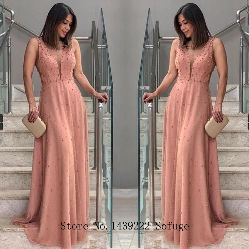 

Pink V Neck Pearls Evening Dresses Prom Straps Chiffon Pleat Arabic Vestidos De Fiesta De Noche Robe De Soiree Plus Size