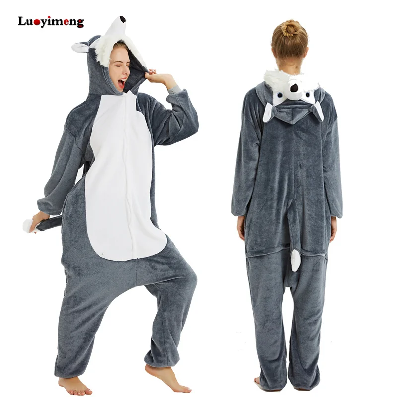 Пижама-комбинезон с пандой для взрослых, женская пижама с единорогом, костюм единорога, мужской комбинезон, зимняя Пижама кигуруми с капюшоном с изображением животных - Цвет: wolf