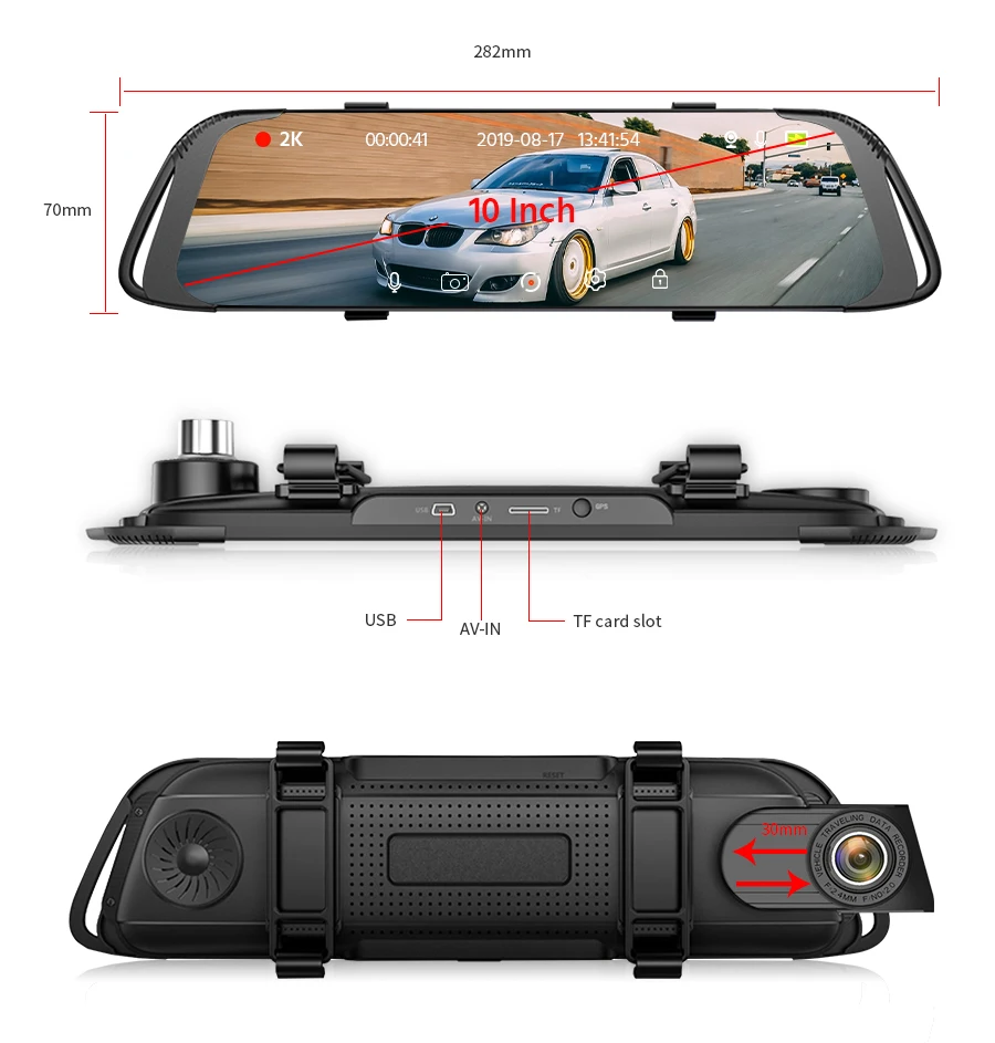 E-ACE 2K Автомобильный видеорегистратор, зеркальная камера, видео рекордер, 10 дюймов, сенсорный поток, медиа видеорегистратор, двойной объектив, видеорегистраторы с камерой заднего вида 1080P