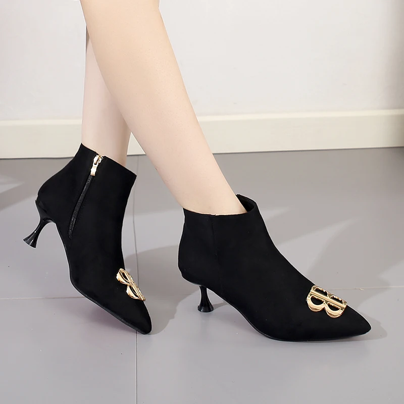 

2019 Autumn Winter botas mujer boots women mouth pointed metal decoration zipper thin heels Rhinestone short plush bota feminina