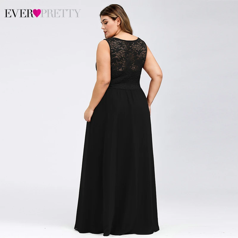 Атласные вечерние платья размера плюс, Длинные вечерние платья Ever Pretty EZ07695 А-силуэта с круглым вырезом, кружевные тюлевые вечерние платья без рукавов, Vestido Longo Festa
