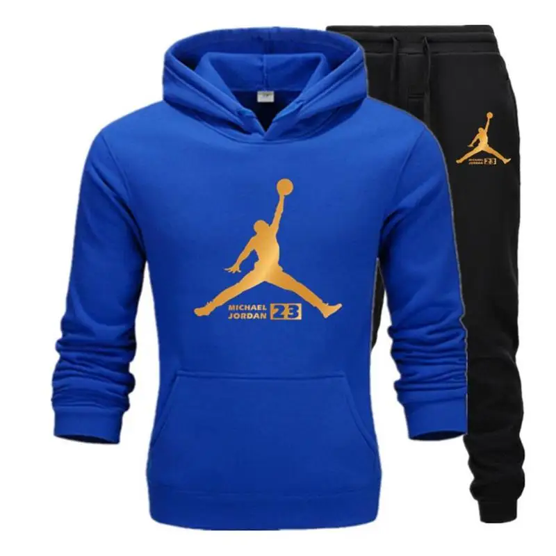 Blue Pants Black Новинка, мужская спортивная одежда, мужская Осенняя зимняя теплая Повседневная Толстовка, комплект, пуловер с капюшоном+ спортивные штаны, повседневный костюм из двух предметов - Цвет: Blue Pants Black
