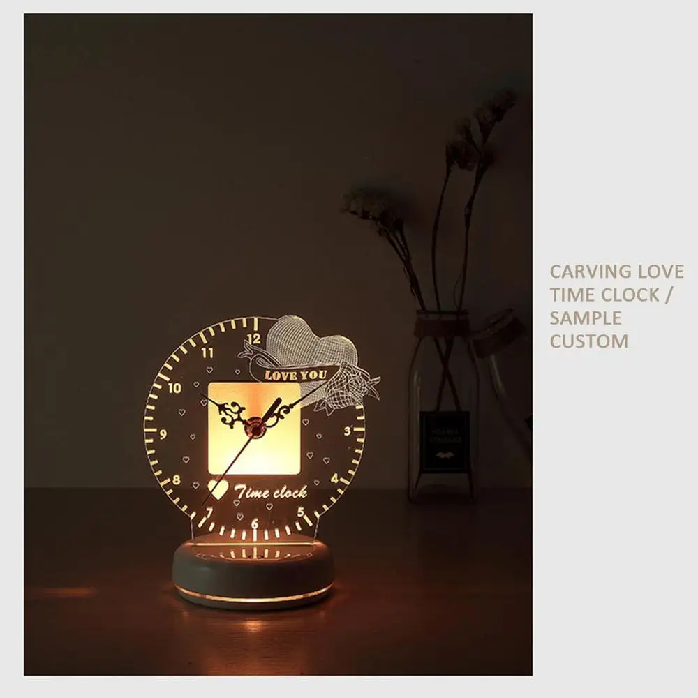 

New Alarm Clock Love Shape Time Clock Cross Border USB Remote Control 3D Night Light Love Clock Novel Clock