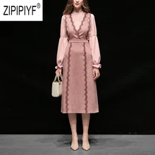 Осенние модные женские платья из двух частей, с круглым вырезом, с длинными рукавами-фонариками, блузка, топ с низким v-образным вырезом, кружевное лоскутное офисное платье Z2396
