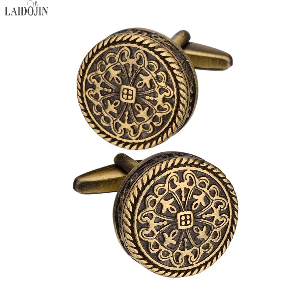 

LAIDOJIN High Quality Shirt Cufflinks for Men Round Bronze Vintage Pattern Metal Cuff links Wedding Groom Gifts