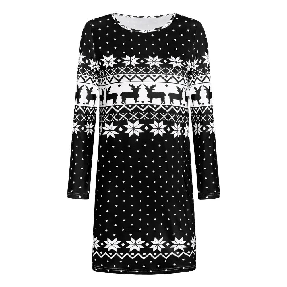 Новое осенне-зимнее рождественское платье для женщин сексуальное с принтом снежинок оленей мини с круглым вырезом и длинным рукавом повседневное вечернее платье