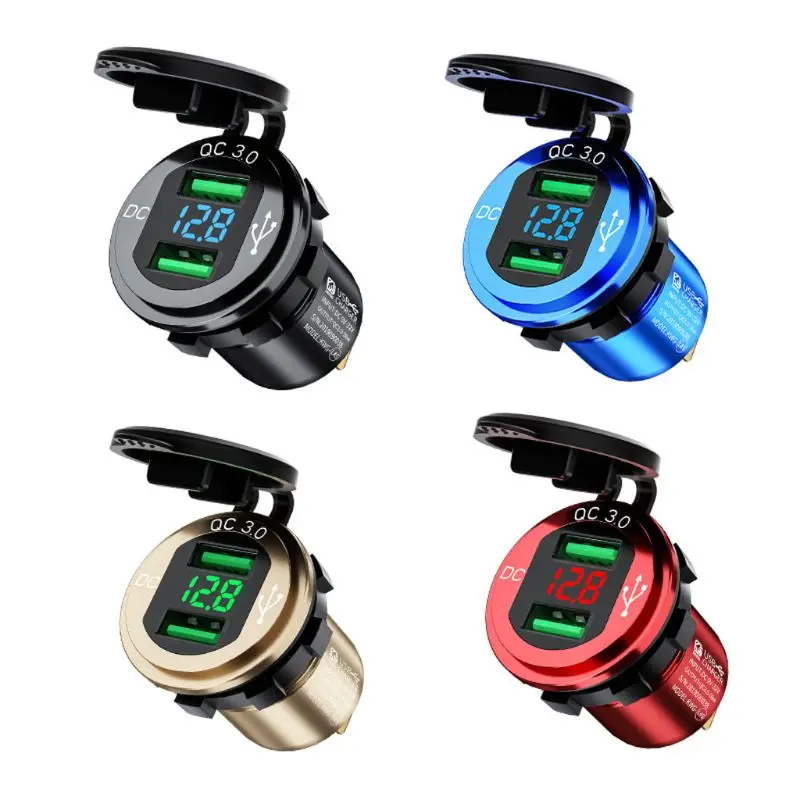 

12V/24V 18W Aluminum Waterproof Dual QC3.0 USB Fast Charger Socket Power Outlet with LED Digital Voltmeter for Car Marine Boat