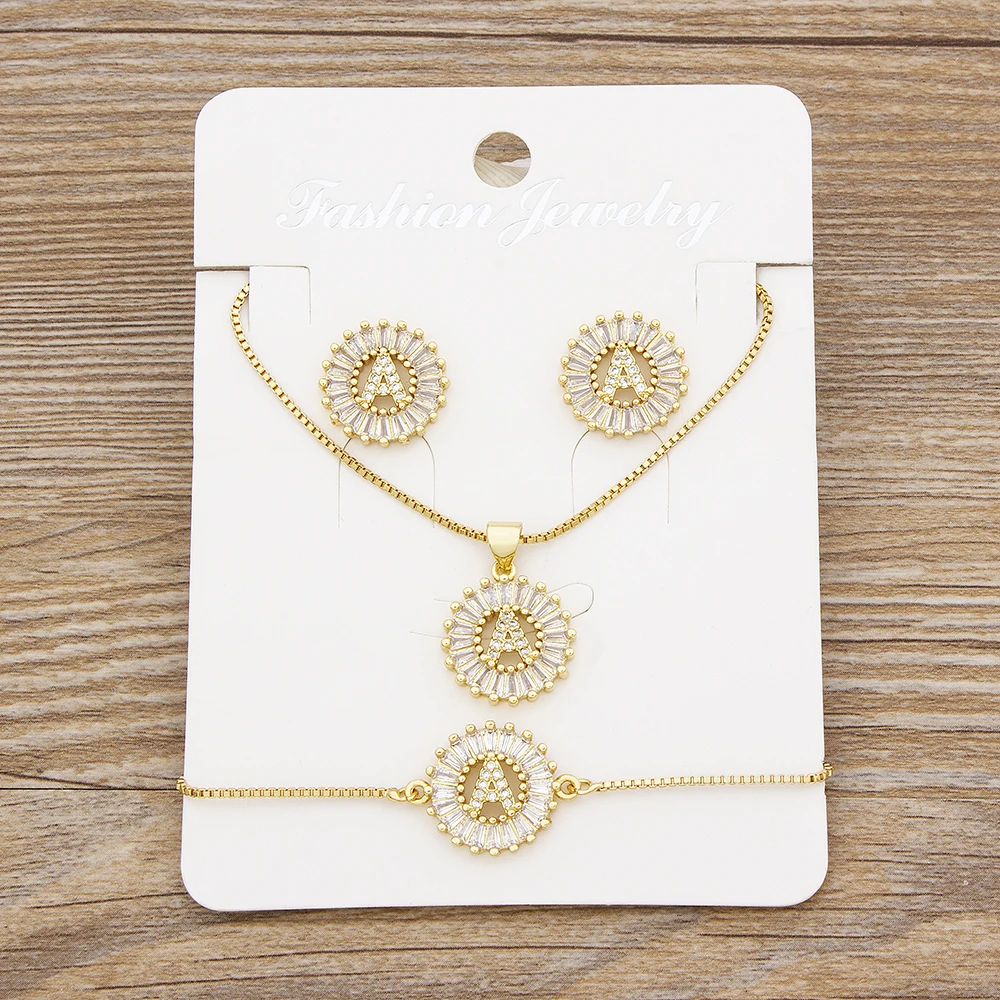 Hot Sale 26 Letters Jewelry Sets Necklace+Earrings+Bracelet For Women Initial Alphabet Charm Copper Zircon Party Wedding Gift - Image 4