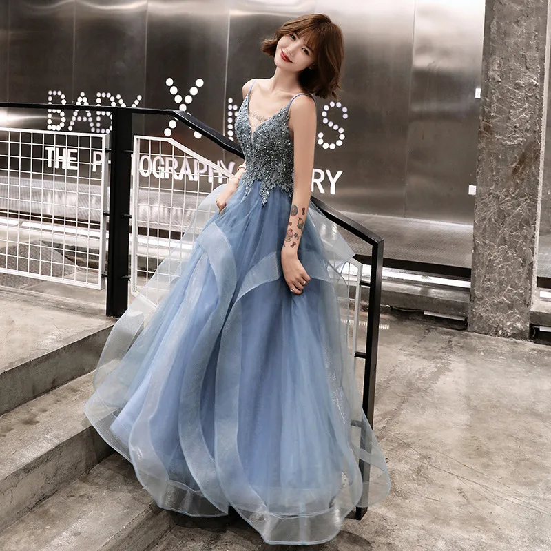 Beauty Emily 2020 Sexy V Neck Lace Appliques Evening Dress Long Elegant Spaghetti Strap Open Back Beading Formal Dress Vestidos