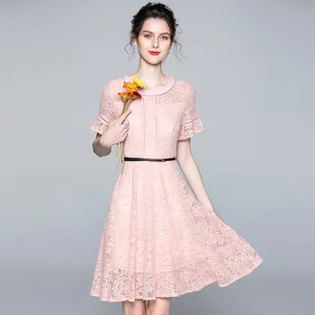

women floral dresses 2020 summer pink lace flower A line round collar long casual sexy office work beach plus size dress