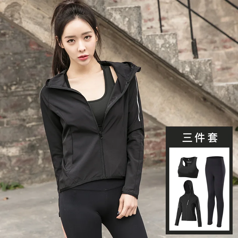 

2019 Spring New Style Coat Workout Clothes Three-piece Set-Outdoor Sports Quick-Dry Long Sleeve Hooded Coat Yoga Clothes