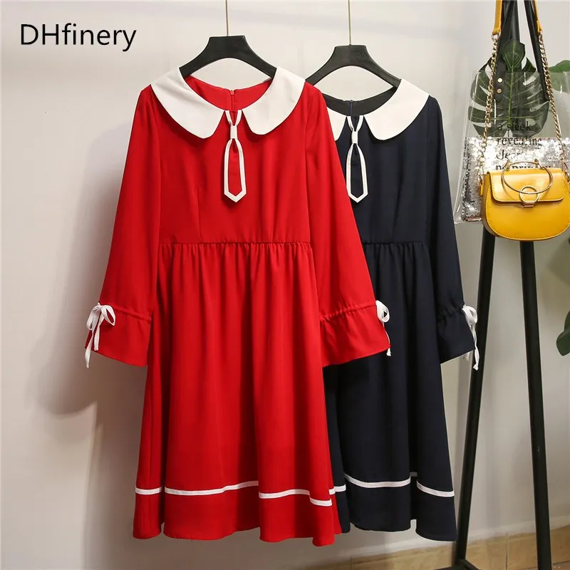 

DHfinery women Navy style dress spring autumn Doll collar age reduction vestidos for bust 102-126CM young girl dress XL-5XL H060
