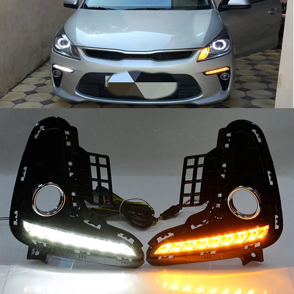 

2pcs For Kia Rio 3 K2 2017 2018 Led DRL Daytime Running Light White Wiht Turn Signal Light Yellow Fog Lamp Driving Light