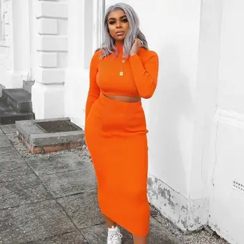 

2019 Women High Neck Long Sleeve Crop Tops Skirt Two Pieces Set 2019 Autumn Women Solid Tracksuits Streetwear Outfits