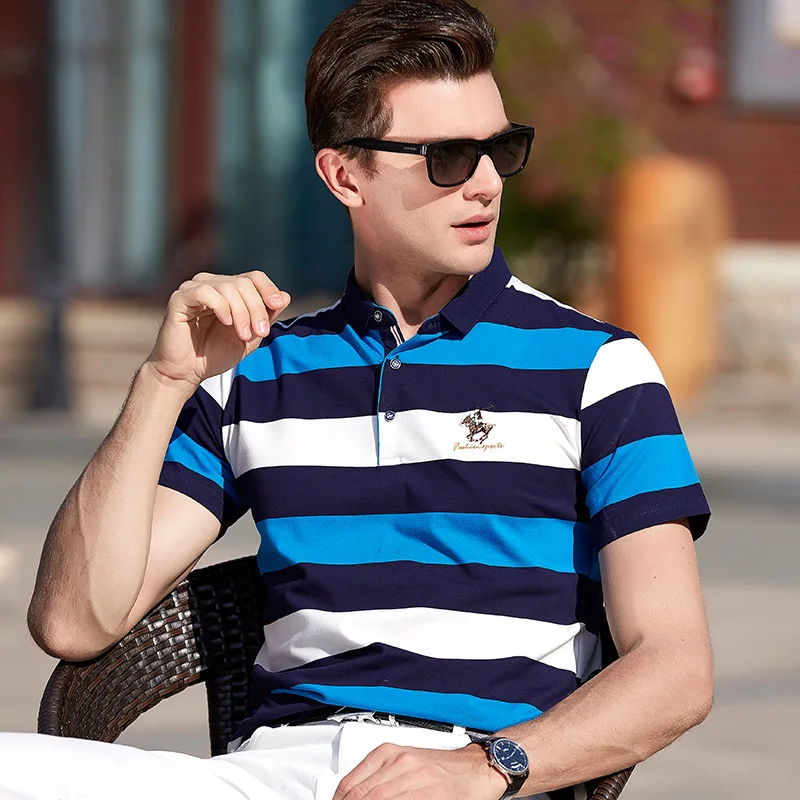 Summer New Style MEN'S Short-sleeved Shirt Business T-shirt Middle-aged Stripes Fold-down Collar Pure Cotton Pullover Polo Shirt
