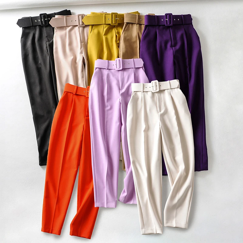 WOTWOY High Waist Formal Belted Pants Women Sahes Regular Fit Elegant Pants Women Ankle-Length Solid Trousers 2020 Femme Pockets WOTWOY High Waist Formal Belted Pants Women Sahes Regular Fit Elegant Pants Women Ankle-Length Solid Trousers 2020 Femme Pockets