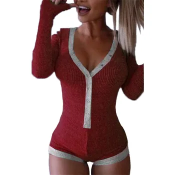 

Button Up V Neck Bodysuit 2020 Casual Women Sexy Bodycon Romper Solid Pachwork Jumpsuit Slim Cotton Femme Buttons Body Top M0598