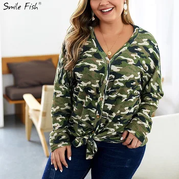 

Women Autumn Camouflage Green Knitted V-Neck Sweaters Long Sleeve Cardigans Single Breasted Casual Plus Size Pullovers GV867