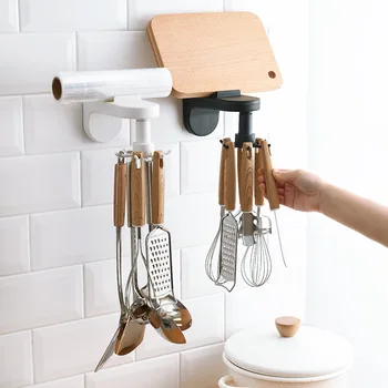 

Kitchen Wall Hook Free Perforated Wall Mount Kitchenware Spatula Spoon Tool Storage Rotary Hooks Retractable Hang
