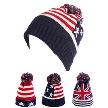 

New Winter USA UK Flag Pattern Elastic Pom Pom Knitted Beanie Slouch Hat Unisex Thick Warm Headgear Casual Fashion Woolen Hat