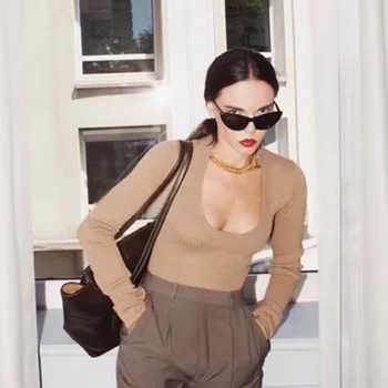 

Women Fashion Clothes Women Fall Winter Sexy Low Cut Pure Knitted Bodysuits Simple Basic Stretch Slim Long Sleeve Sexy Bodysuit