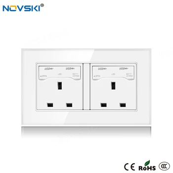 

NOVSKI Crystal Glass Panel 146 Type UK Switched Socket Wall with Covered USB Ports, 13A 110v - 250V Grounded White Black