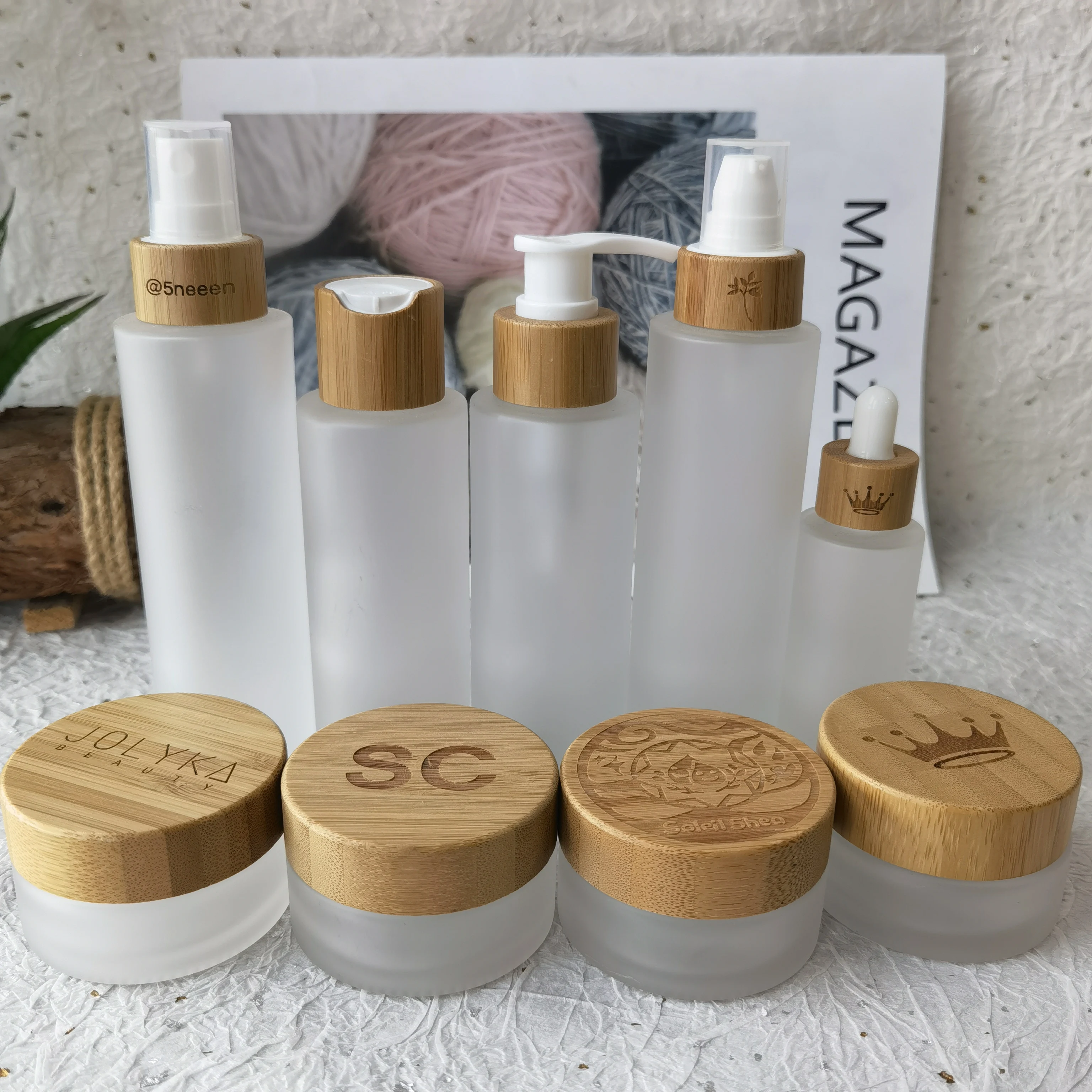 

Custom Logo Makeup Frosted Glass Container Cream Jar Plastic Airless Pump Lotion Bottles With Bamboo Lid Skin Care Packaging