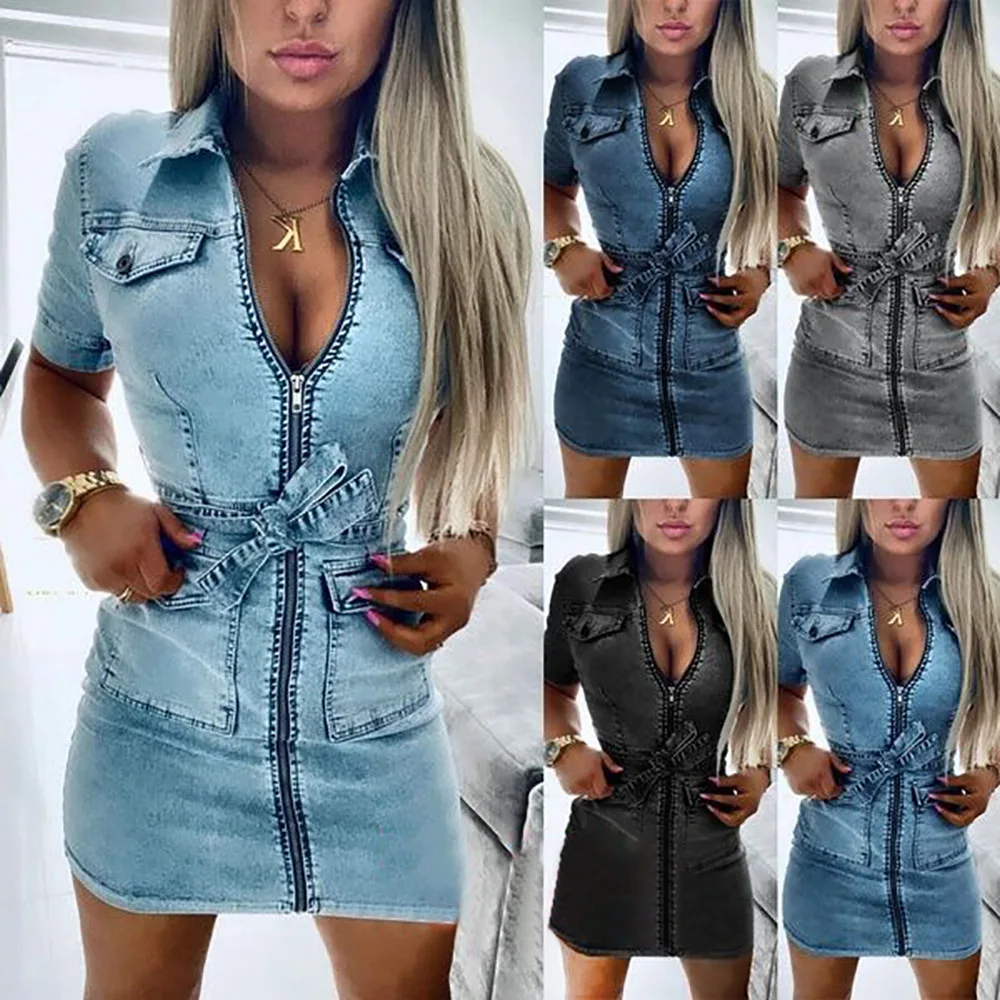 Women Fashion Short Sleeve Denim Dress Front Zipper Bandage Jeans Bodycon Pockets Dresses Ladies Lapel Slim Mini Dress